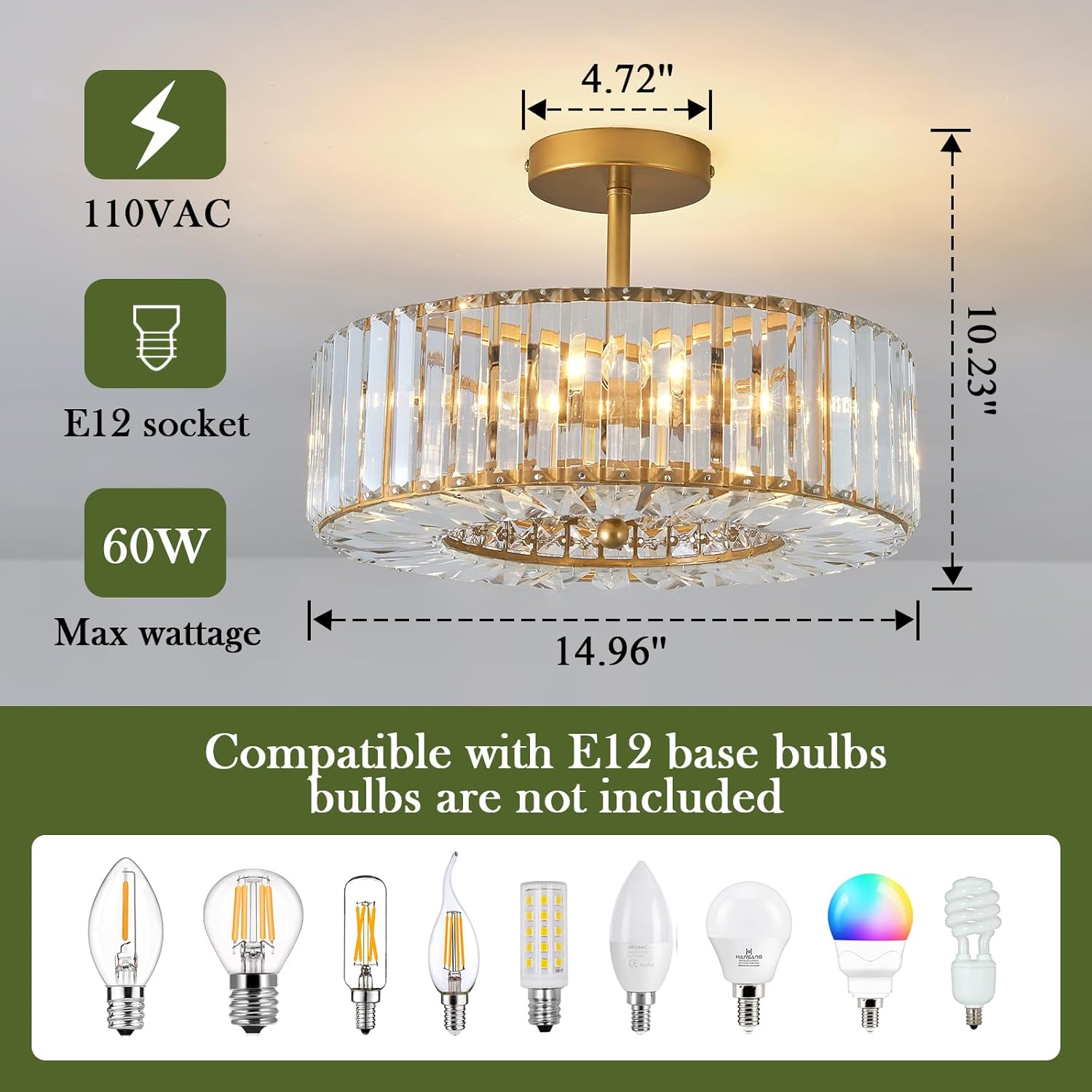 Piepooye 4 Lights Modern Crystal Chandelier Gold Round Semi Flush Mount Ceiling Light Fixture Farmhouse Chandelier for Dinning Room Living Room Bedroom Hallway Entryway Kitchen