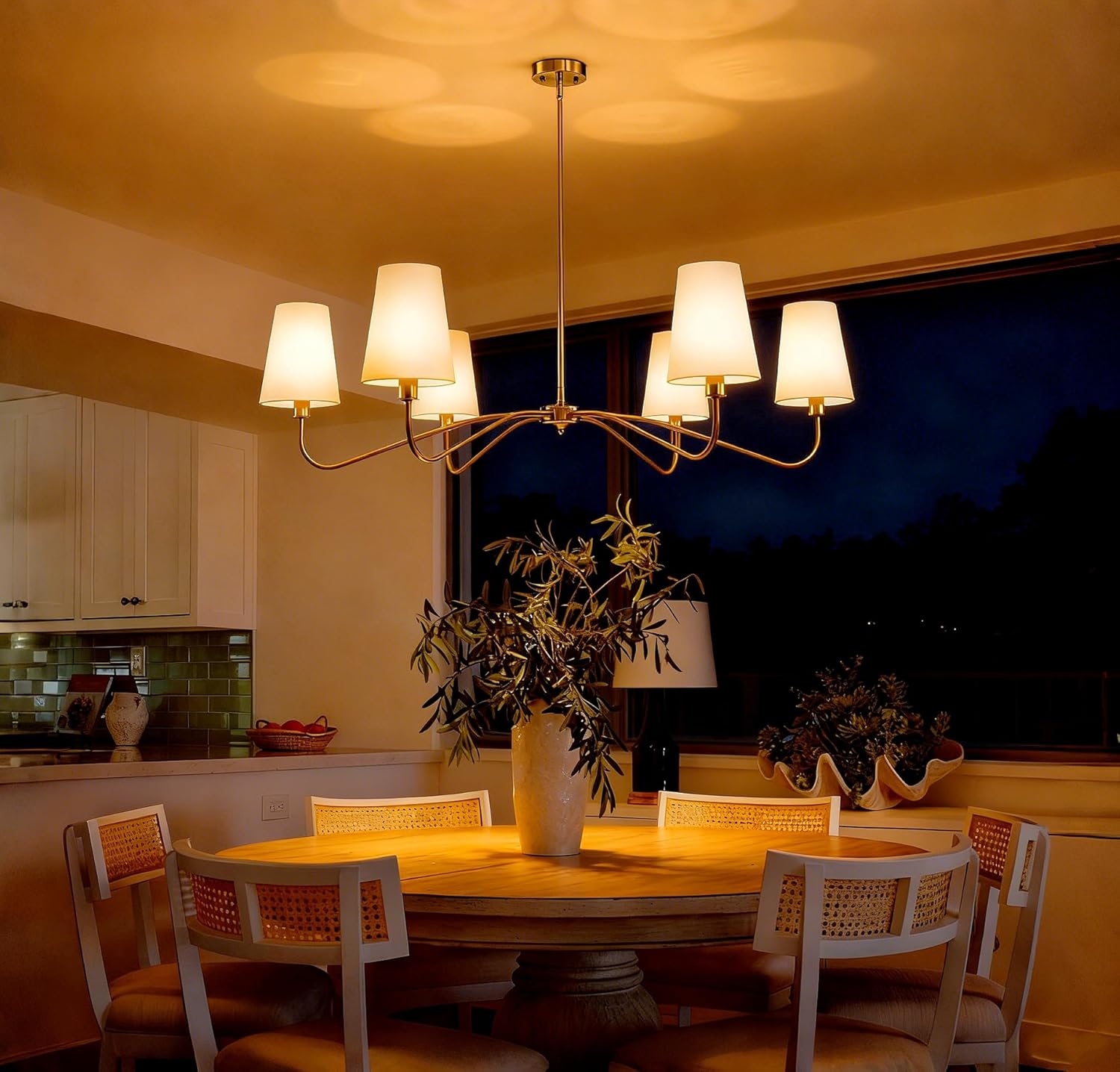 JIMKIGTO 47'' Gold Chandelier with Shades, 6-Light Modern Chandelier for Living Room, Large Dining Room Light Fixture, Brass Large Classic Pendant Light Fixture for Kitchen Height Adjustable E12 Base