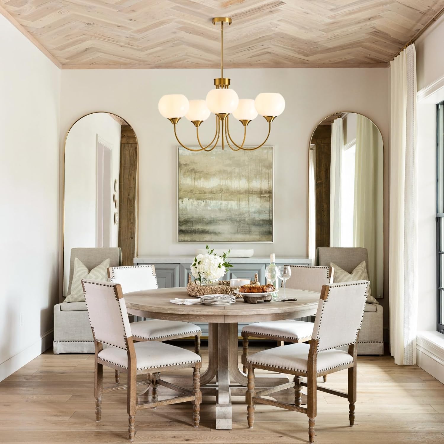 FEAZAC Modern Globe Chandelier 5 Light Mid Century White Milk Glass Vintage Sputnik Hanging Chandeliers Gold Pendant Light Fixtures for Dining Room Kitchen Living Room Bedroom