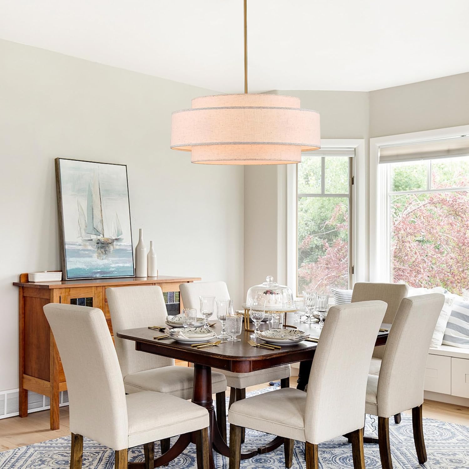 YOMECOO Modern 23.6" Large Drum Chandelier 6-Lights Vintage Modern Chandelier Light Fixture with Linen Shade Retro Farmhouse Drum Chandeliers for Dining Room, Kitchen Island, Living Room, Bedroom