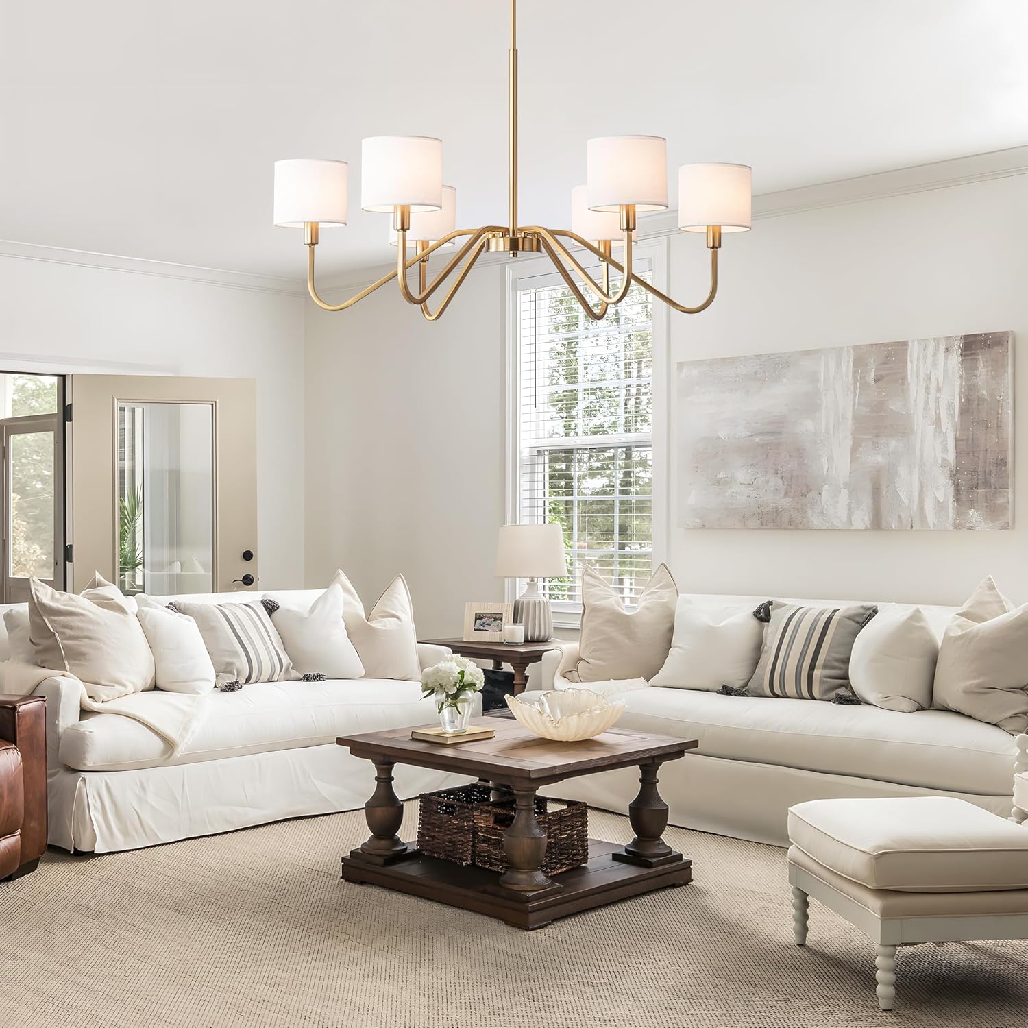 Febeleven Modern Gold 6-Lights Chandelier, 39" Pendant Light with White Fabric Shade Adjustable Classic Chandelier Light Fixtures for Kitchen Island Dining & Living Room Entryway