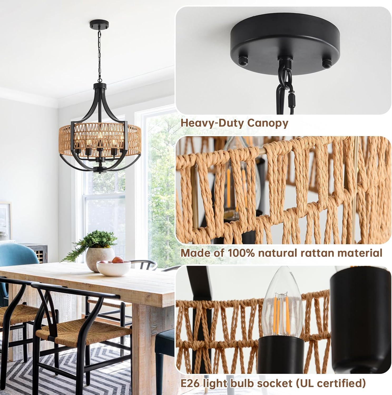 VDWO 20" Rattan Farmhouse Chandelier Light Fixtures,5-Light Rustic Rattan Pendant Lighting with Woven Wicker Shade Boho Black Hanging Ceiling Light for Dining Room Living Room Kitchen Island Bedroom