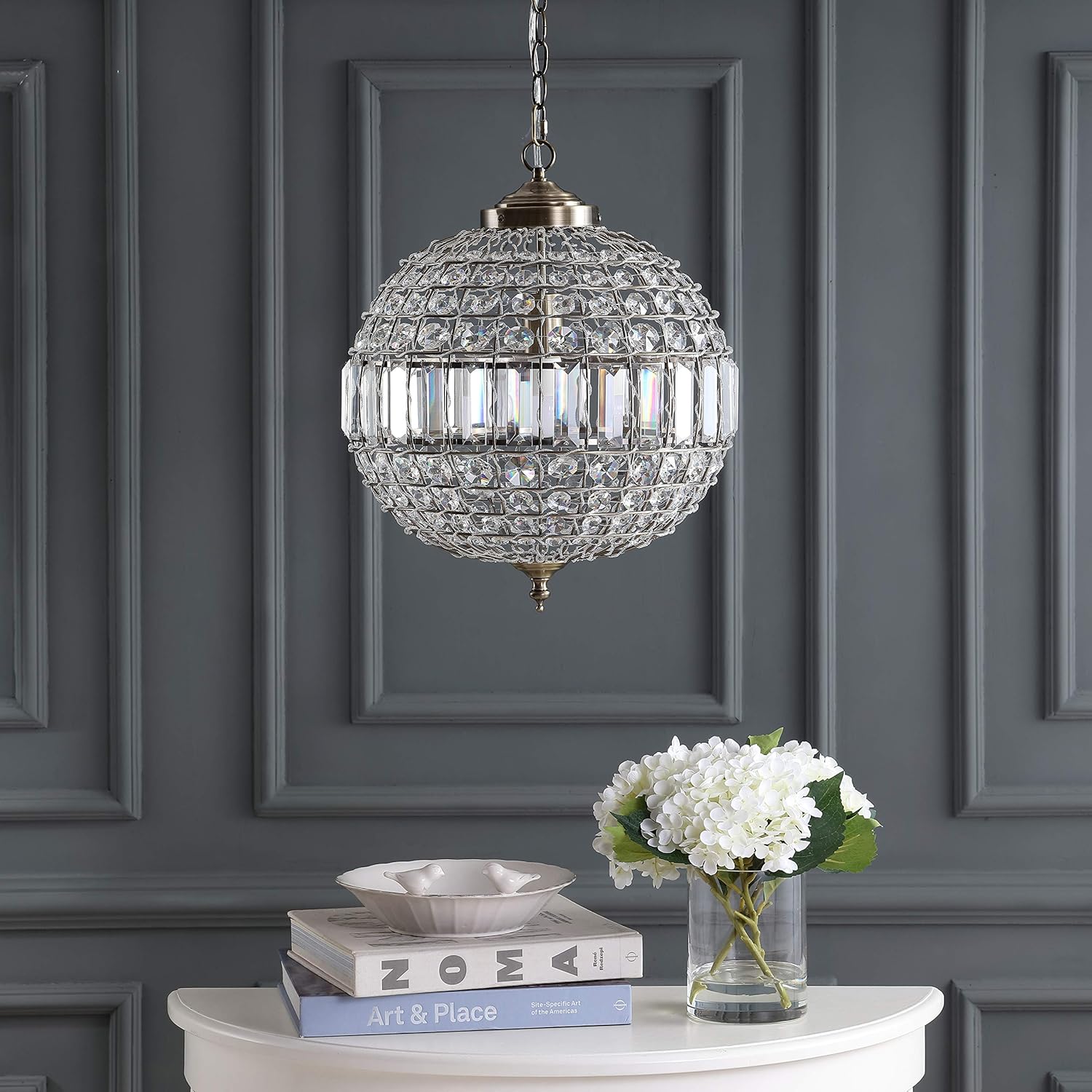 JONATHAN Y JYL6110B Georgina Crystal/Metal LED Chandelier Pendant Glam Contemporary Transitional Dimmable Dining Room Living Room Kitchen Foyer Bedroom Hallway, 16", Antique Brass/Clear