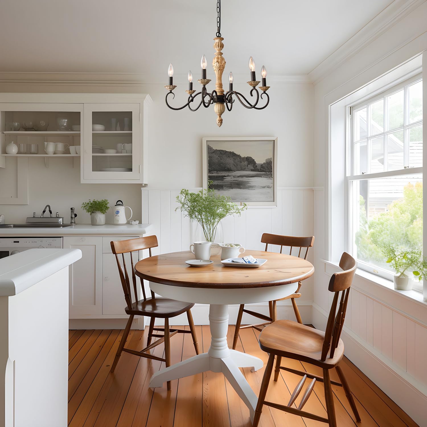 Tescruant Rustic French Country 6-Light Mid Century Modern Candle Style Chandelier,Vintage Distressed Wood Black,23.3" Dia x 20.75" H,E12,Dining Room,Living Room,Kitchen