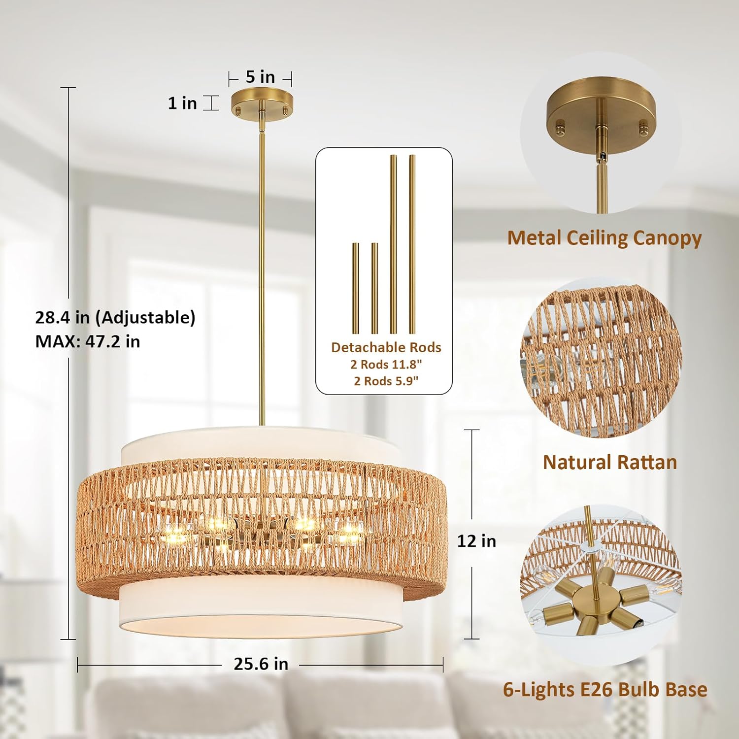 6-Light Boho Rattan Chandelier, 25.6" Large Rattan Pendant Light with Fabric Shade, Farmhouse Hand Woven Chandelier Hanging Ceiling Light for Dining Room, Living Room, Kitchen Island, Foyer, Hallway