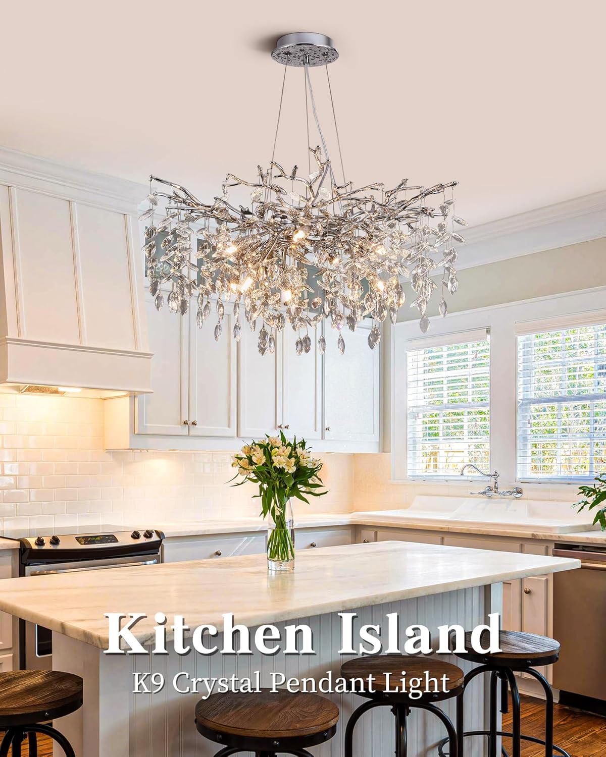 witkey Modern Tree Branch Crystal Chandelier Luxury Silver Crystal Pendant Lighting 30" Contemporary 10-Light Chandeliers for Dining Room Kitchen Bedroom Living Room