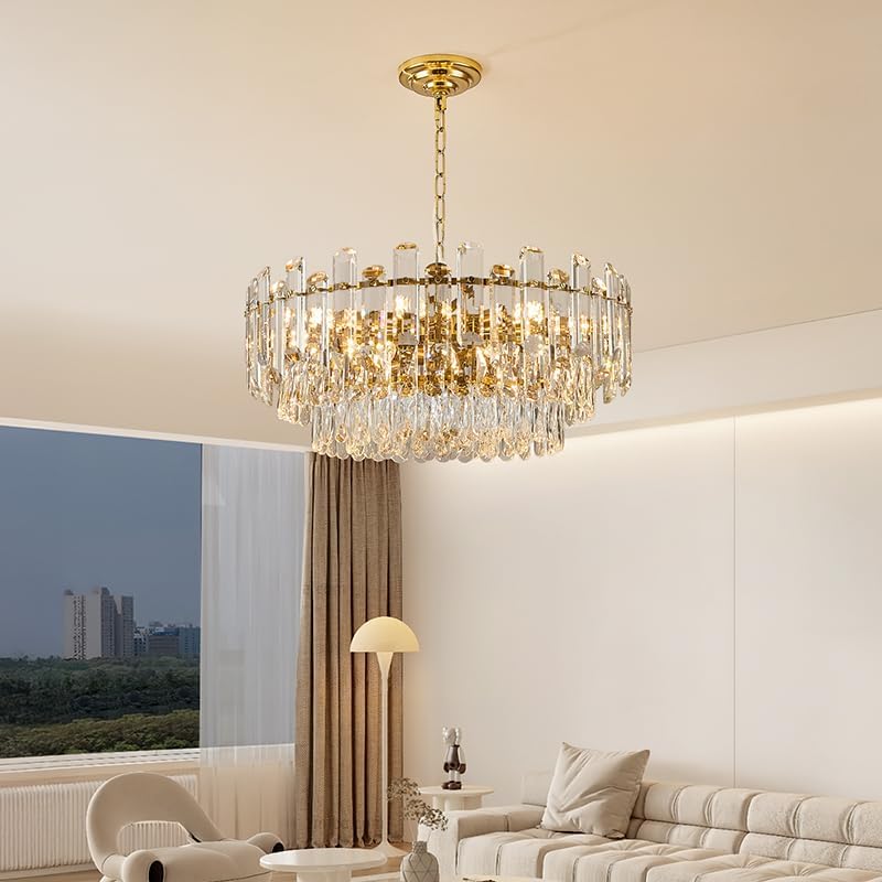 XIAOQIWU 23.6" Gold Crystal Chandeliers Fully Transparent Crystal Modern3-Tier Luxury Pendant Light 12-Light Ceiling Pendant Lighting for Dinning Room Living Room Foyer