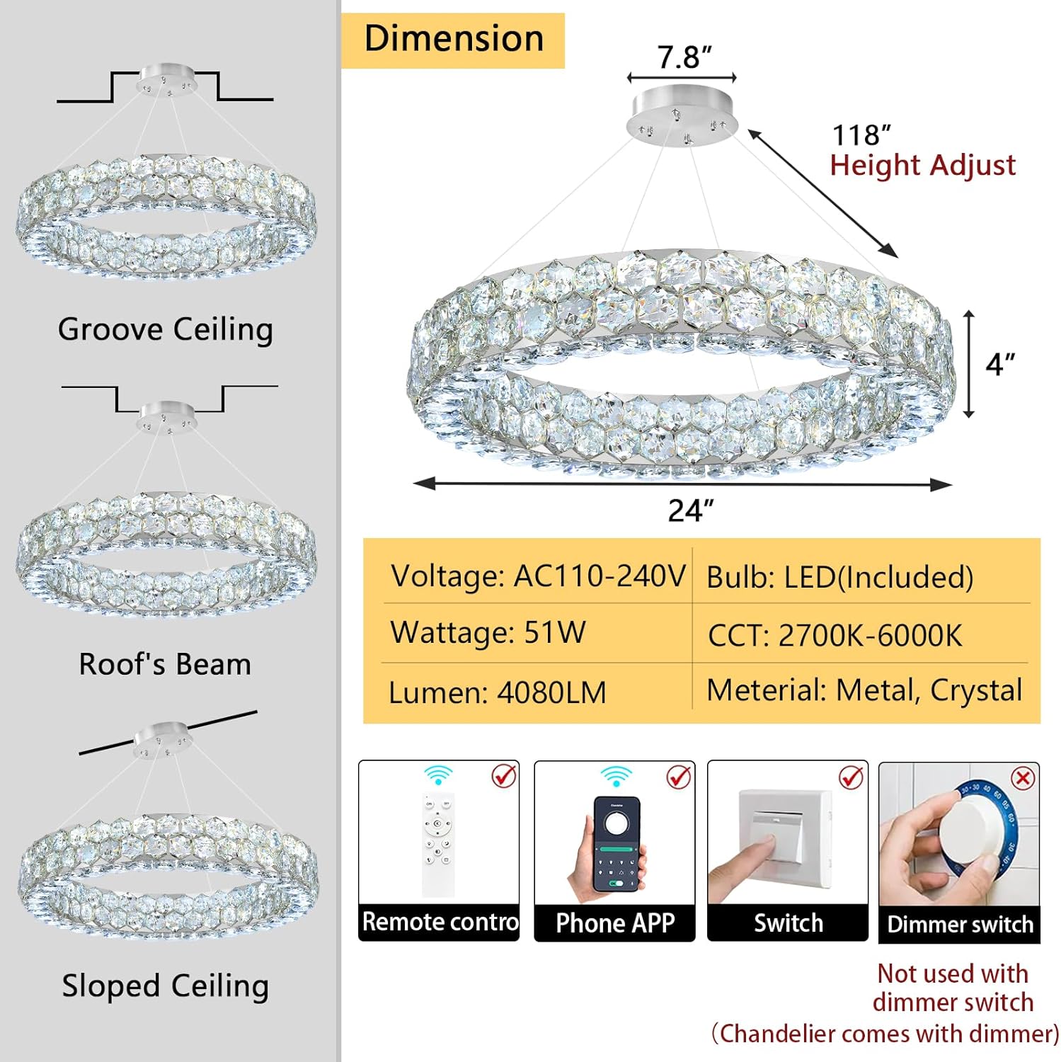 Modern Ring Chandelier, Crystal Chandeliers for Dining Room Round LED Ceiling Light Fixture for Living Room Bedroom Lighting Dimmable with Remote Ring Lights, 24inch Width Light