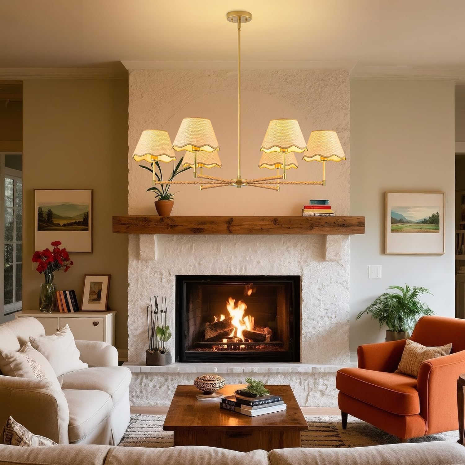 MAYNA 38u201D Farmhouse Chandelier Light Fixture, 6-Light Rattan Boho Chandeliers for Dining Room,Adjustable Pendant Lighting Fixtures, Rustic Hanging Lighting for Kitchen Island Living Room Bedroom