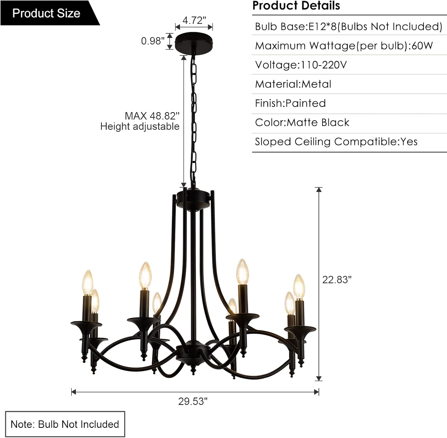 Pretoy Industrial Candle Chandelier Modern Farmhouse Hanging Pendant Light Fixture with 8-Light Black Iron Classic Rural Candle Ceiling for Dining Room Living Room Bedroom Kitchen Island Foyer