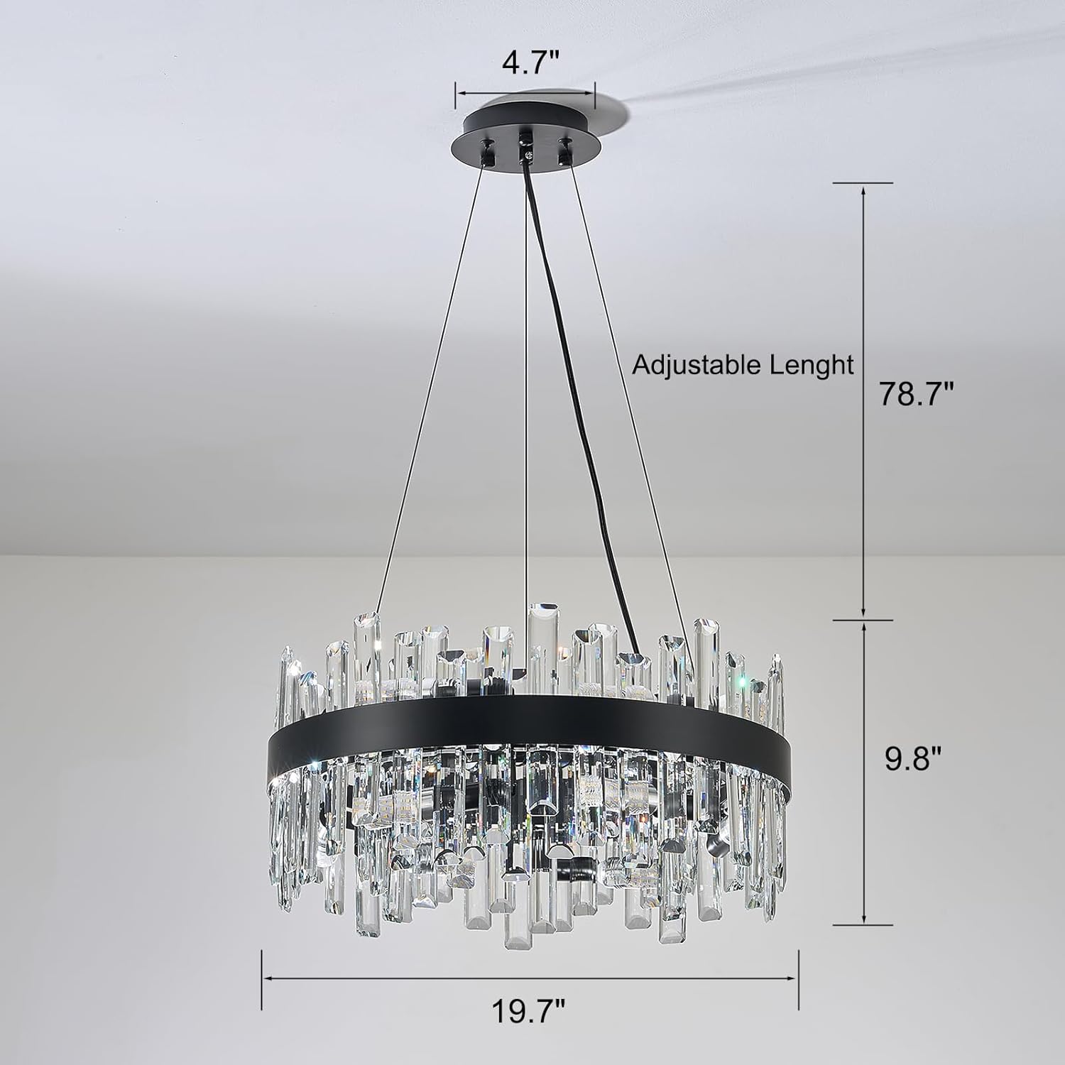 chandiry Round Crystal Chandeliers, D19.7 inch 12-Light Black Chandelier Lighting Fixture, Height Adjustable Pendant Ceiling Light for Living Room Dining Room Bedroom