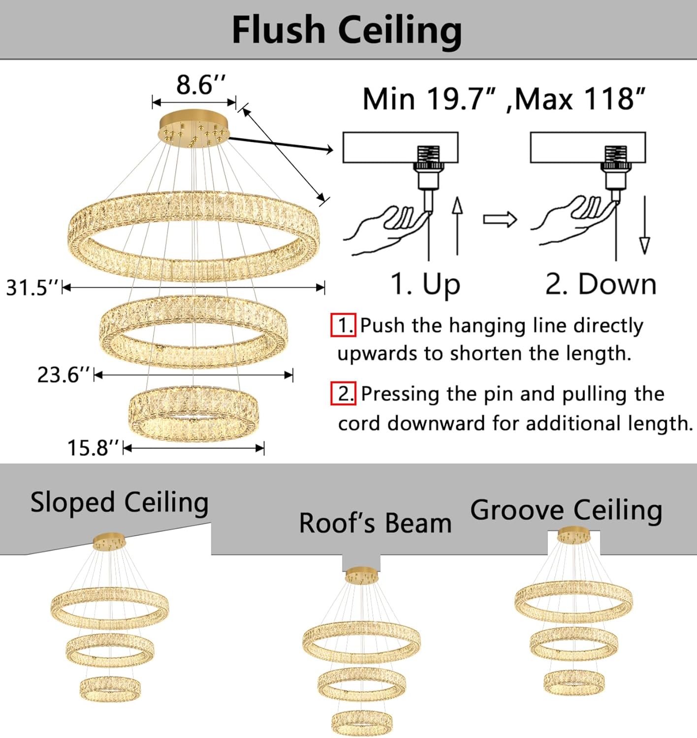 HAIXIANG LED Light Chandelier for Dining Room Modern Dimmable High Ceiling Ring Chanderliers Entryway Crystal Pendant Lights Entryway Foyer Living Room Gold Lighting 55W LEDs