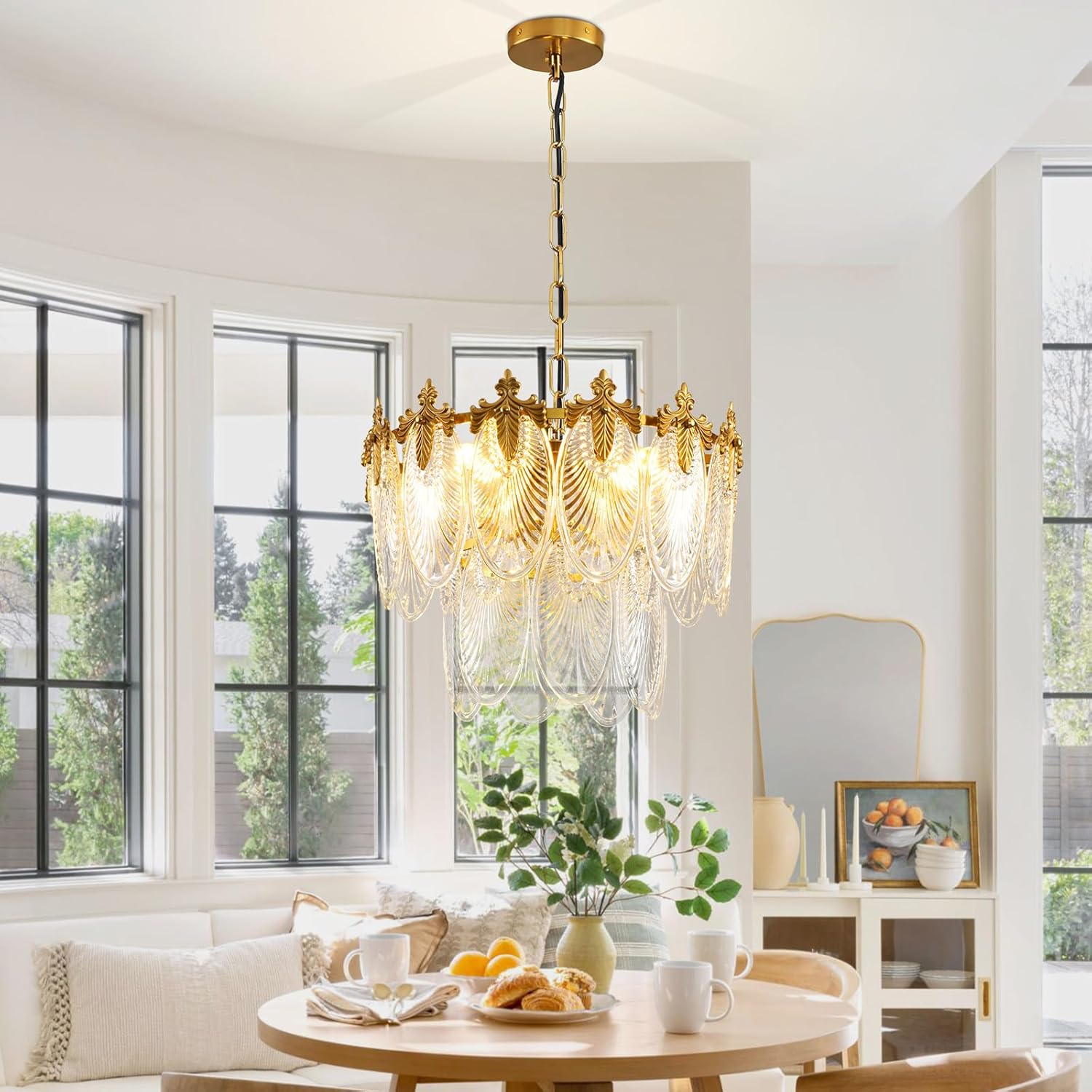 Antique Chandeliers 2-Layer Gold Crystal Glass Chandelier, 4-Light Round Pendant Light 17.7" Brushed Brass Adjustable Height, Applicable to Dining Room, Bedroom, Living Room, Foyer, Kitchen Island