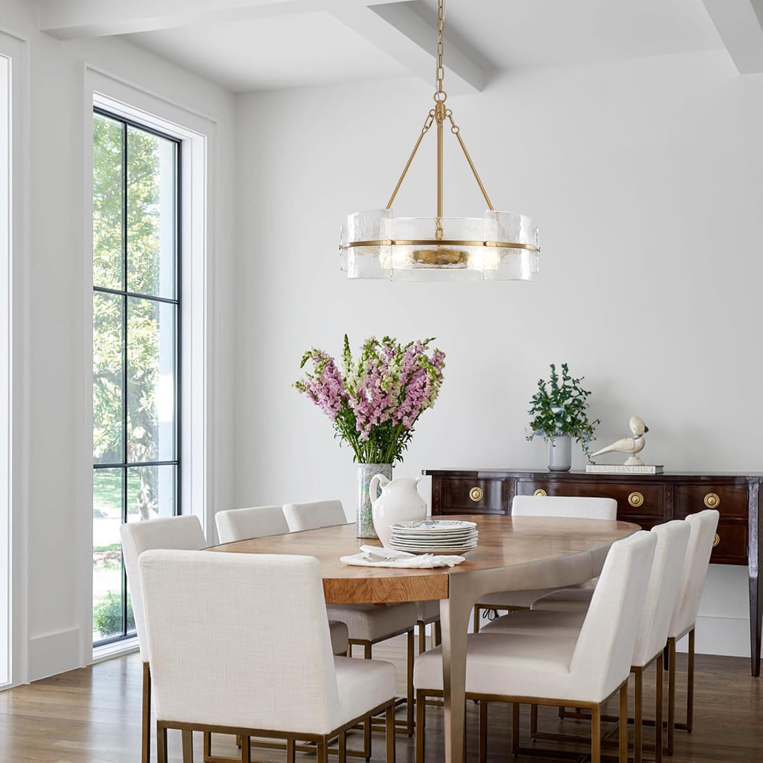 Corlaceling Modern Dining Room Chandelier, 22 inch Gold Textured Glass Drum Chandelier Luxury Crystal Hanging Lighting for Living Room Foyer Kitchen Island Bedroom