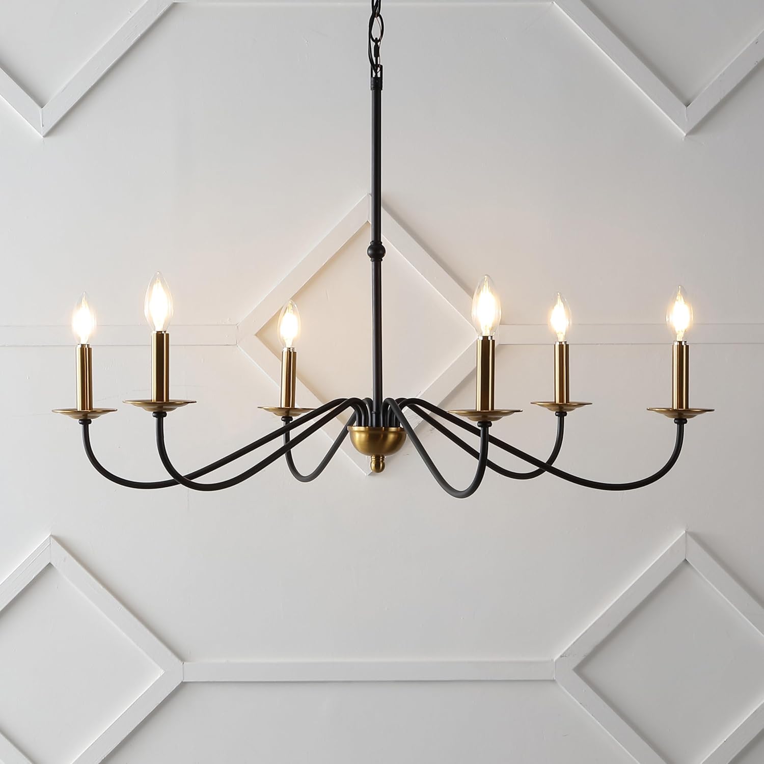 JONATHAN Y JYL7559C Wicklow 34.75" 6-Light Bohemian Farmhouse Iron LED Chandelier Modern, Contemporary, Mid-Century, Office, Living Room, Family Room, Dining Room, Bedroom, Black/Brass Gold