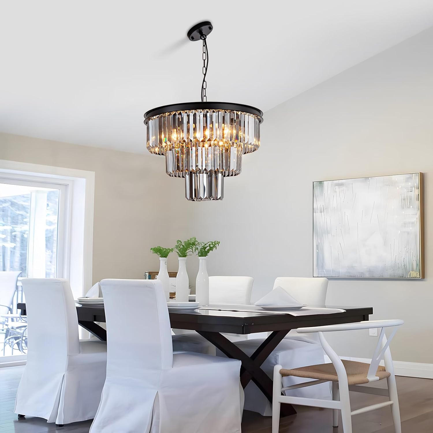 HCCZ 8 Light Black Crystal Chandelier 20'' Luxury Smoke Modern Dining Room Light Fixture 3-Tier Round Hanging Pendant Ceiling Lighting for Entryway Foyer Living Room Adjustable Height E12