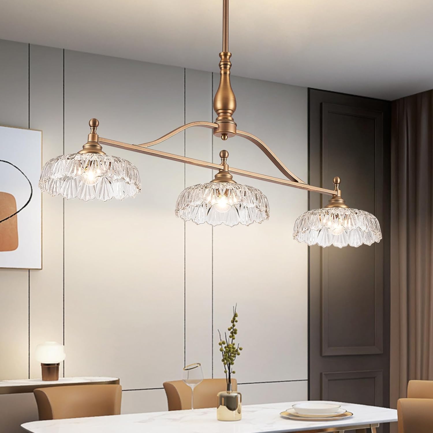 HDDFL Chandeliers Pendant Light Fixture Vintage Pendant Lighting Fixtures 3 Lights Chandelier Matte Brass Kitchen Glass Hanging Lamp for Island Dining Room Living Room