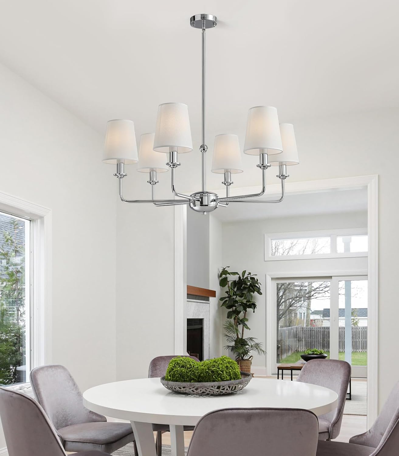 QUENEY Modern 6 Light Chrome Chandelier with White Fabric Shades Elegant Ceiling Light,Farmhouse & Industrial Pendant Chandelier for Dining Room Living Room Bedroom,E12 Base