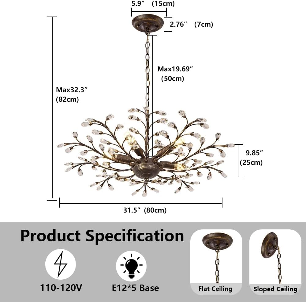 WillWant Vintage Crystal Chandelier with Aged Bronze Branch Design, 5-Light Ceiling Hanging Light Fixture for Dining Room Living Room Bedroom Hallway, Height Adjustable