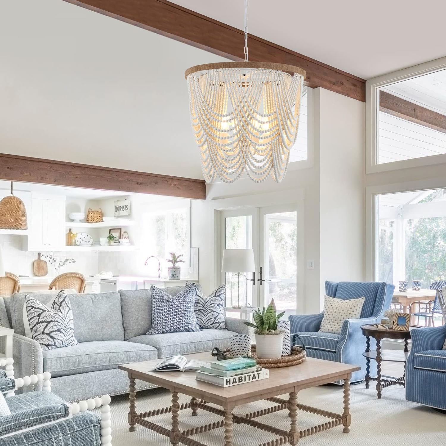 ELYCCUPA 26u201D Boho Wood Beaded Chandelier Rustic Farmhouse Pendant Light 4-Lights Large Coastal Chandelier for Living Room Dining Room Foyer Entryway Bedroom, Oak White, E26, UL Listed