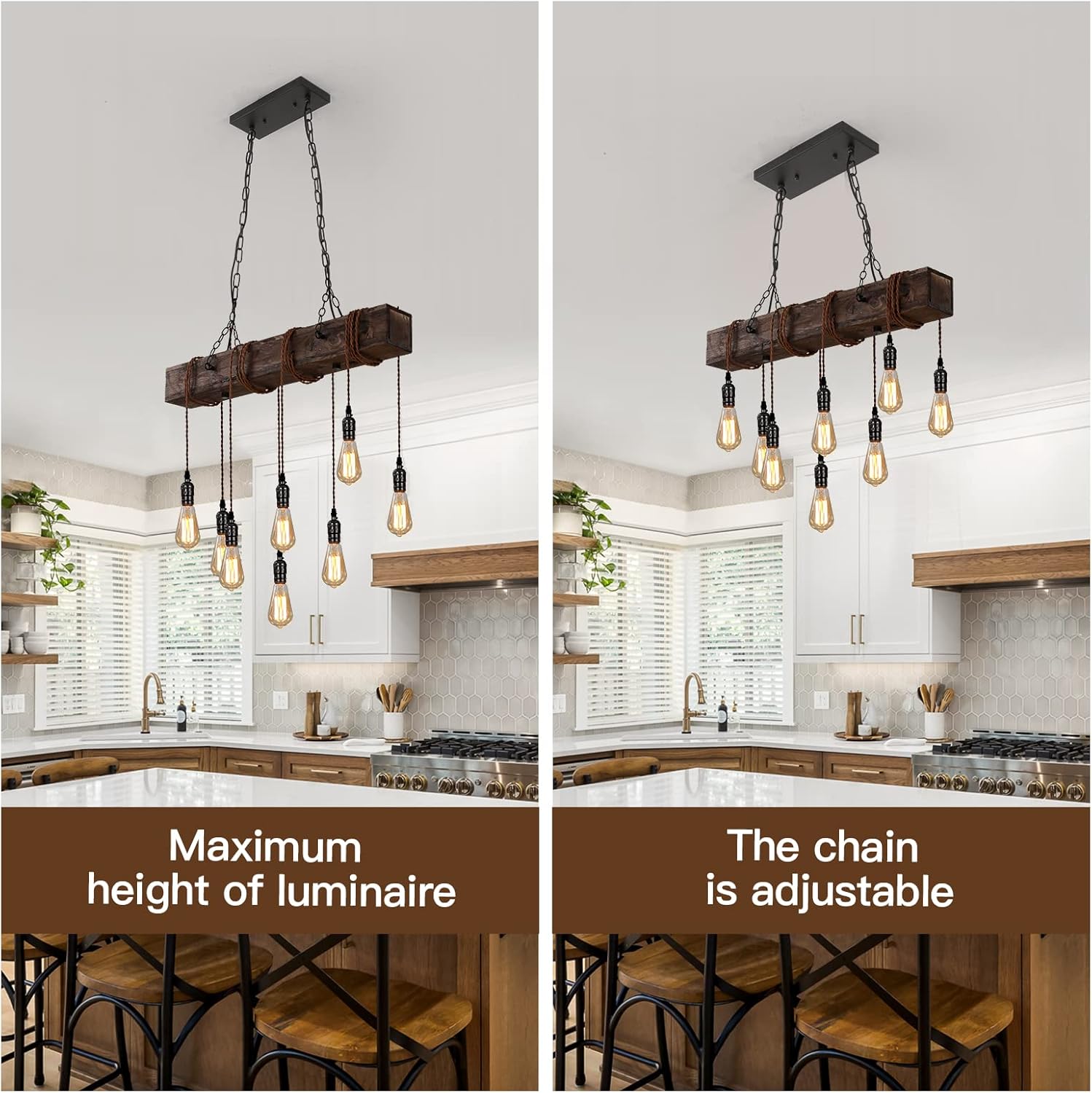 KEESFU 8-Lights Rustic Chandeliers for Dining Room, Farmhouse Wooden Ceiling Pendant Light, Height Adjustable, Rectangle Chandelier for Kitchen Island Dining Room Bar Pool Table Cabin.