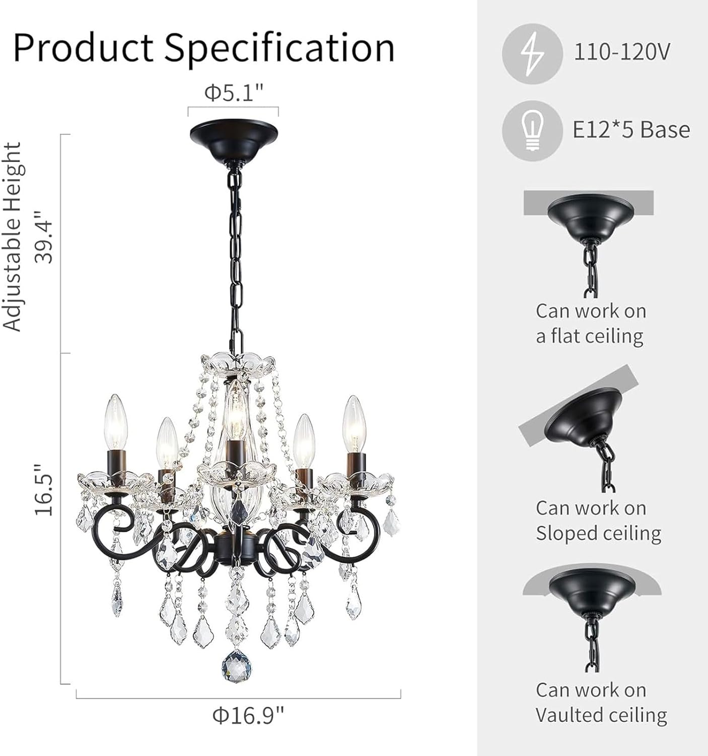Crystal Chandelier, 5-Light Chandelier for Dining Room Light Fixture, K9 Crystal Pendant Ceiling Light Fixture, Modern Candle Chandelier for Living Room Kitchen Island Entryway Bedroom (Black)