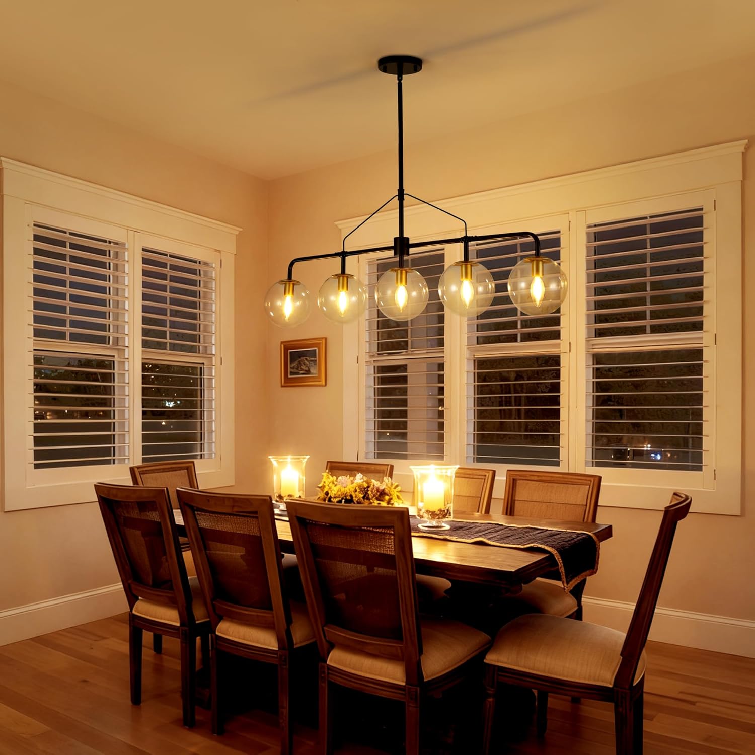 CNRATYE Linear Chandeliers for Dining Room Light Fixtures Over Table Hanging, 5-Light Modern Kitchen Chandelier, Industrial Black and Gold Island Lights with Clear Globe Glass Shades