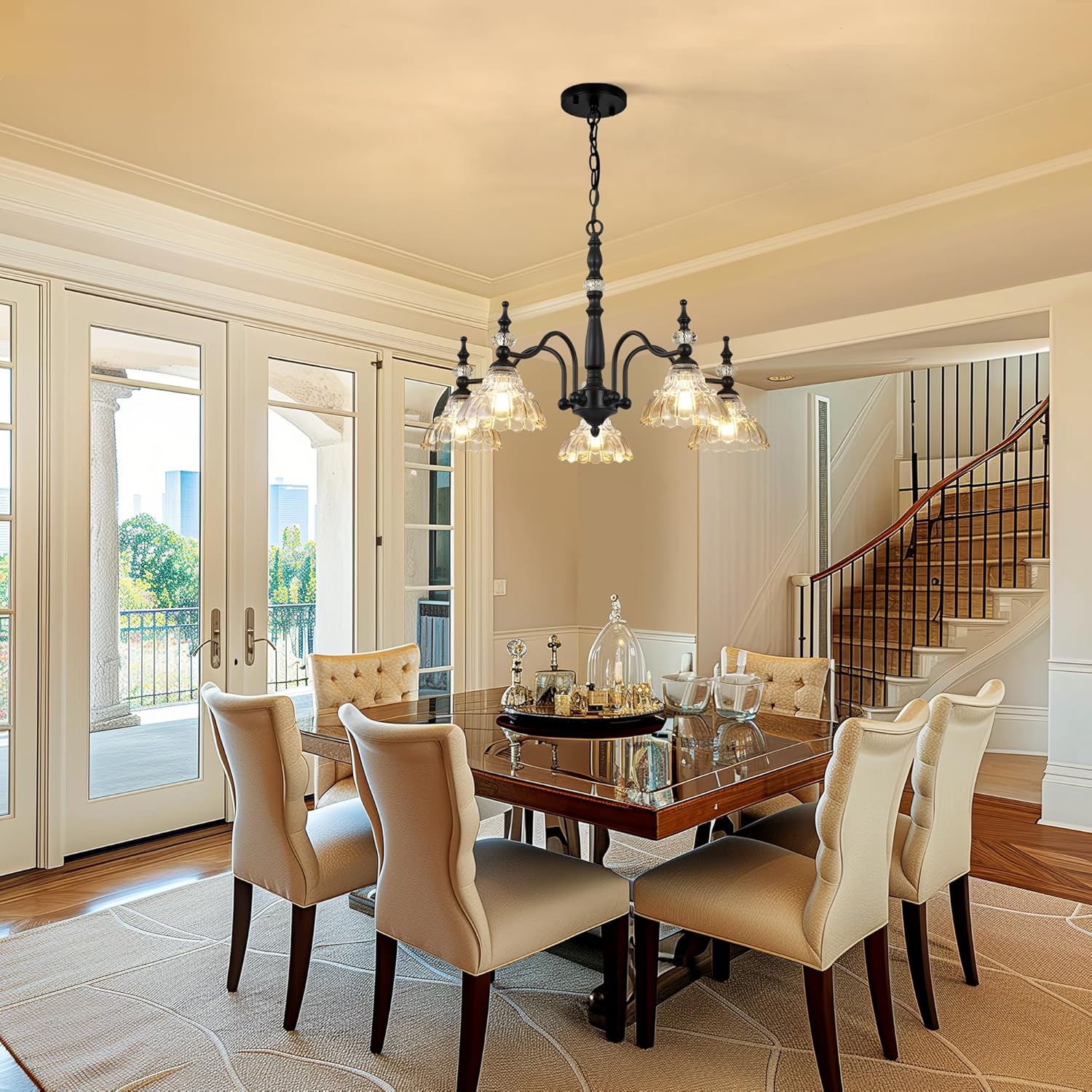 ZXFDWB 5-Light Vintage Crystal Black Chandelier for Dining Room,Modern Pendant Lights Kitchen Island, Glass Shade Light Fixture for Stairway Foyer Hallway Living Room Bedroom