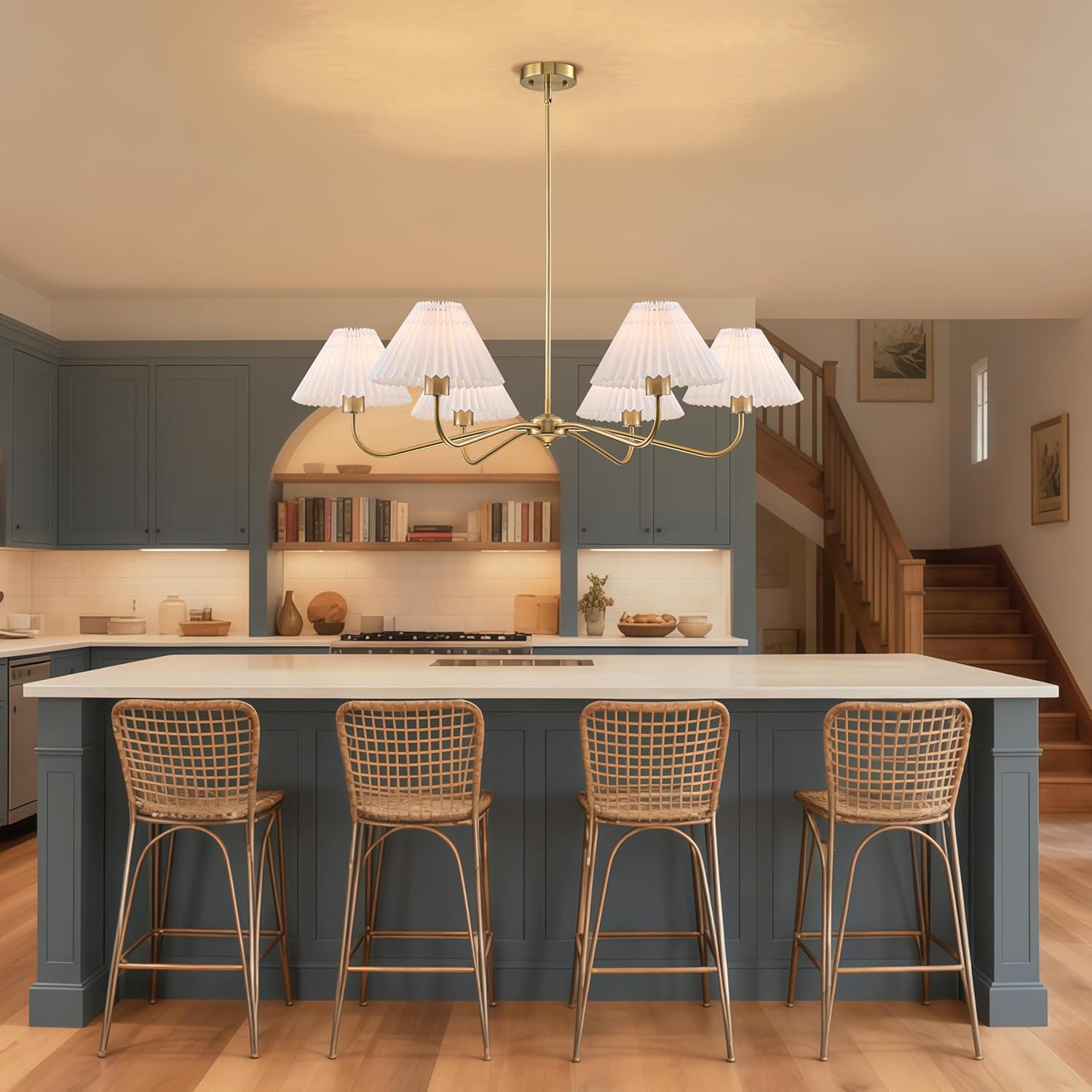 TinHon 35.8" Gold Chandelier with Pleated Shades, 6-Light Modern Chandeliers for Dining Room, Antique Brass Pendant Light for Kitchen Island Living Room Entryway, E26