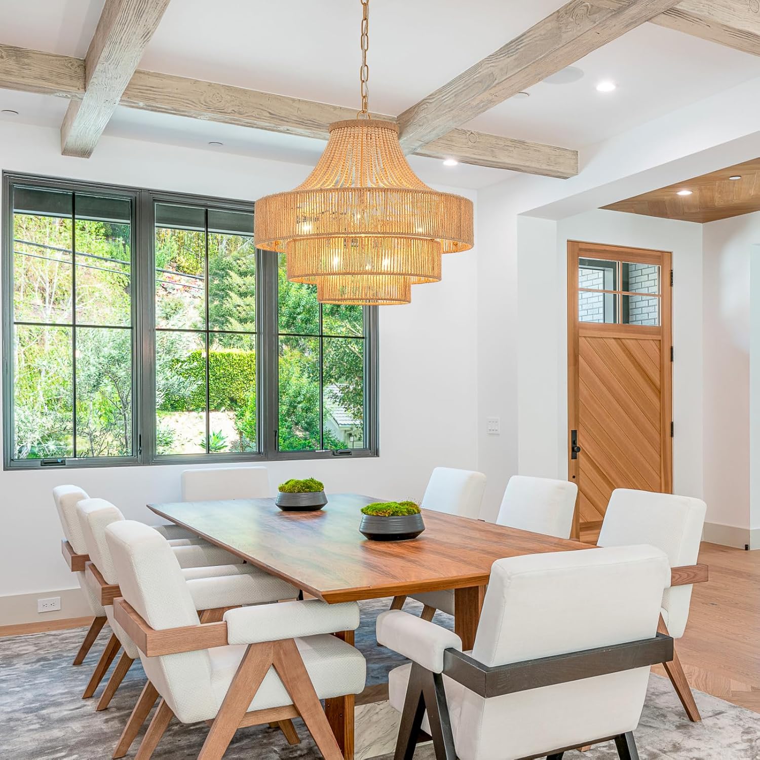 ELYCCUPA Wood Beaded Rattan Chandelier Boho Hand Woven Pendant Light 6-Lights Adjustable Coastal Pendant Lighting Fixtures for Dining Living Room Kitchen Hallway, Dia 20u201D, UL Listed