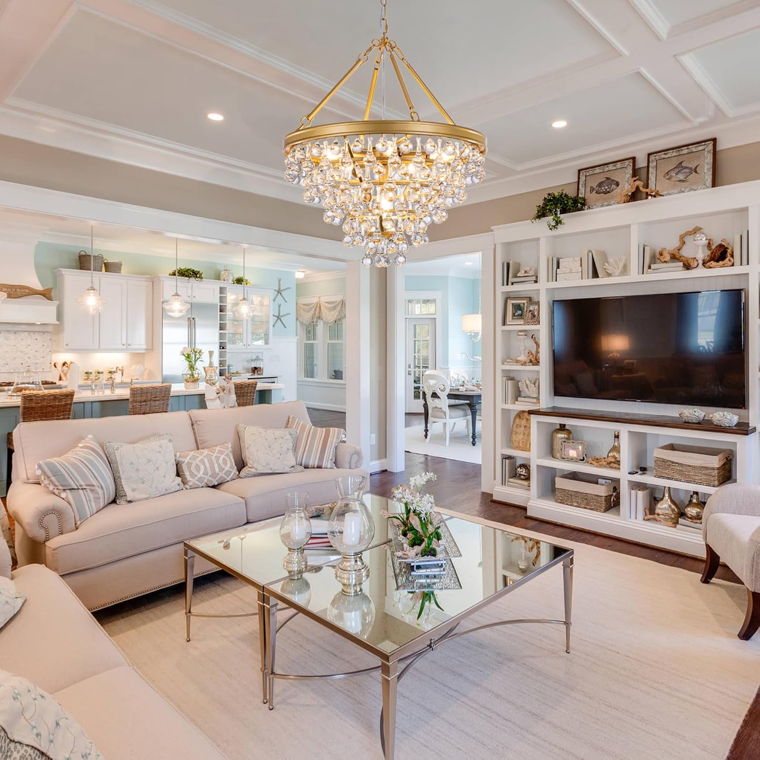 Wellmet Modern Crystal Chandeliers, 6 Lights Farmhouse Chandeliers for Dining Room, Gold Ceiling Light Fixture for Foyer, Bedroom, Living Room, Entryway, Kitchen Island, W-20 Inches