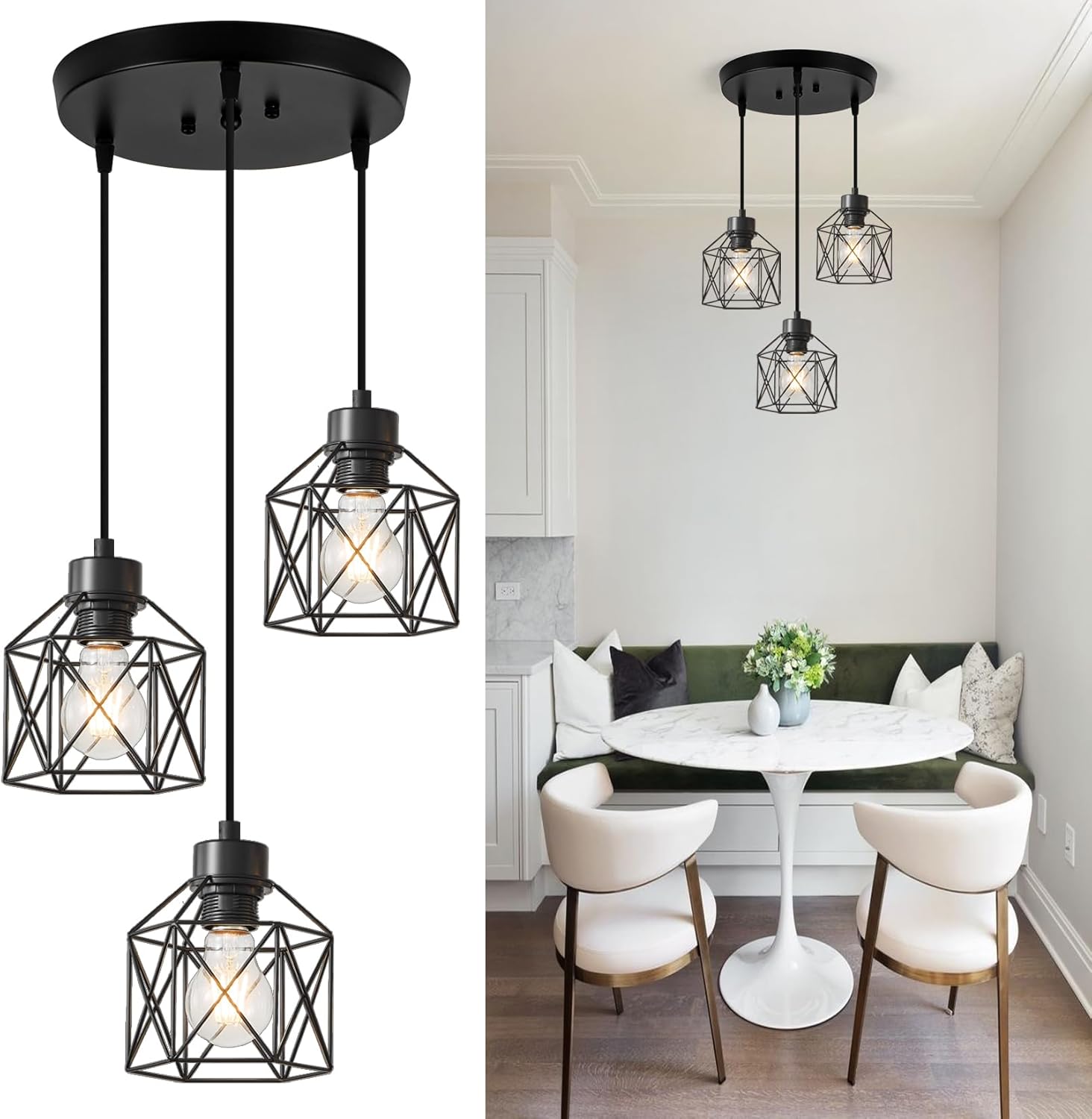 ROCUNSI 3-Light Pendant Light Fixtures, Farmhouse Hanging Pendant Lighting, Dining Room Chandelier, Industrial Kitchen Island Hanging Light Fixture, Black Metal Cage Pendant Ceiling Lamp for Kitchen