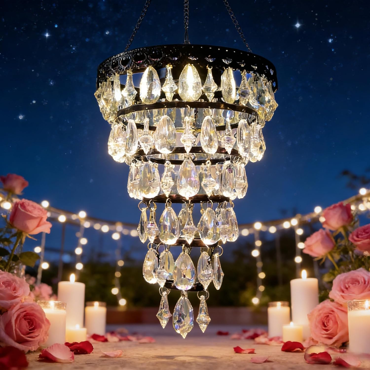 Solar Hanging Acrylic Crystal Chandelier Outdoor Garden Decorative Lights a Bright Warm LED and 5ft LED Strip Weatherproof Tree Hanging Lantern for Valentine Gifts Garden Gazebo, Party, Wedding 6 Tier