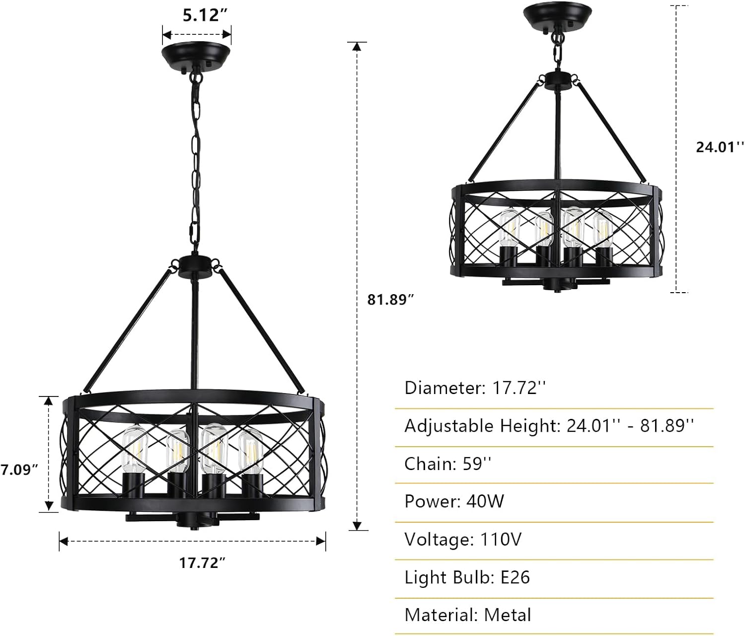 KMaiPem Vintage Chandelier for Entryway, 4 Lights Farmhouse Dining Room Light Fixture, Modern Rustic Black Chandeliers, Industrial Metal Drum Light Fixtures for Kitchen Island Foyer Living Room
