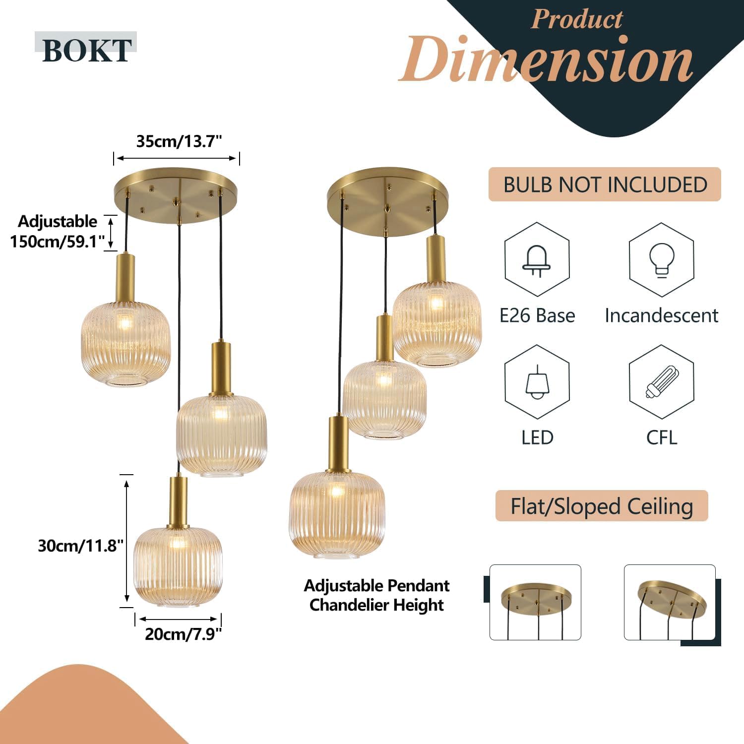 BOKT Gold Cluster Globe Glass Ceiling Chandelier 3-Light Amber Hanging Pendant Light Brushed Brass Dining Room Chandelier Stair Adjustable Hanging Light Fixture for Corridor Entryway
