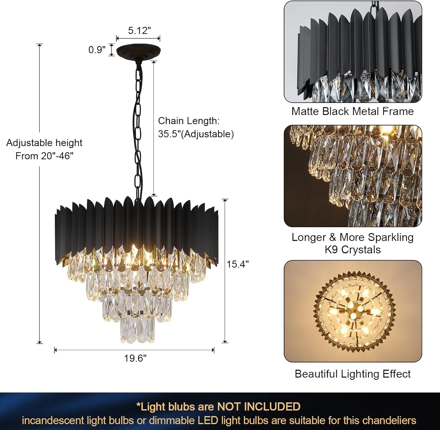 A AXILIXI Modern Crystal Chandeliers Black 20" Round Chandeliers for Dining Room 9 Lights Ceiling Pendant Light Fixtures 4 Tiers Contemporary for Living Room Bedroom Foyer