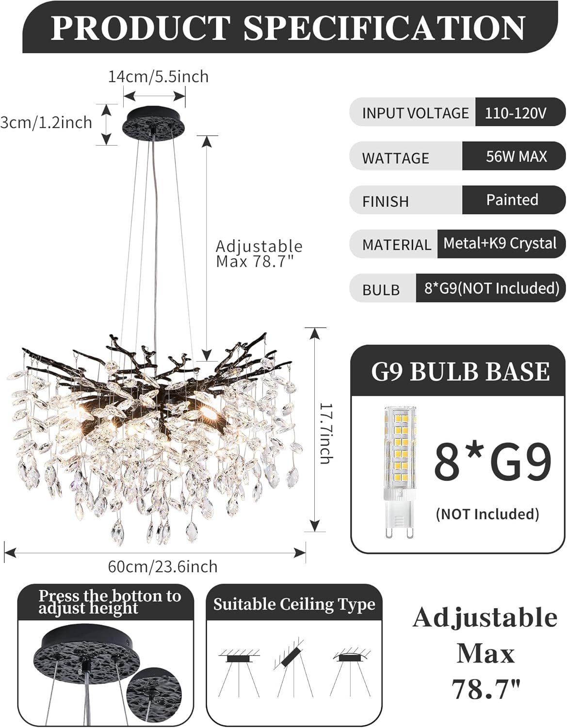 Modern Tree Branch Crystal Chandelier Luxury Blacl Crystal Pendant Lighting 23.6" Contemporary 8-Light Chandeliers for Dining Room Kitchen Bedroom Living Room