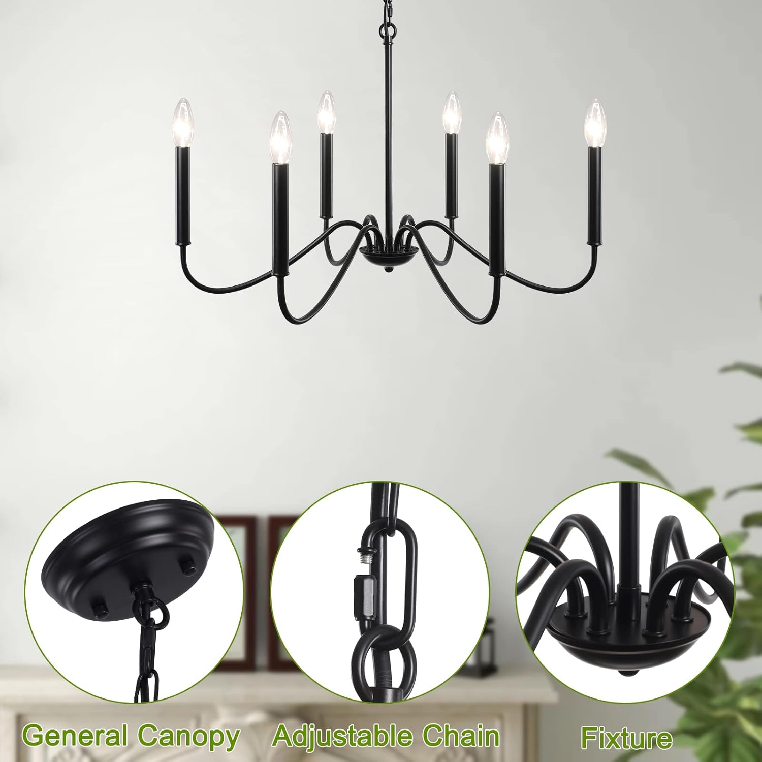 SJCCDSGS Black Chandelier- Modern Farmhouse Chandelier Dining Room Light Fixture 6 Light E12 Candle Pendant Hanging Light for Living Room, Bedroom, Foyer, Kitchen Island, Entrance