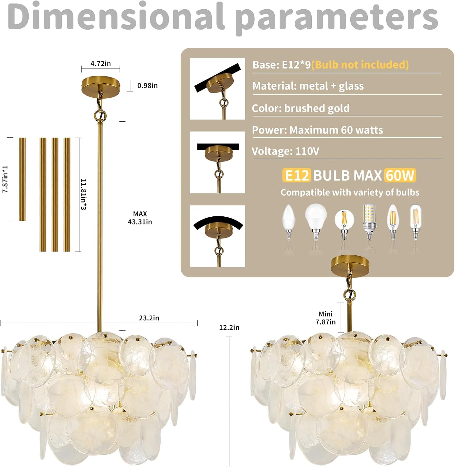 Giawosth Gold Chandeliers Modern Glass Chandelier, D23.2 inch Round Crystal Pendant Light for Dining Room, Foyer, Hallway, Living Room, Bedroom, 9-Lights Height Adjustable Luxury Hanging Fixtures
