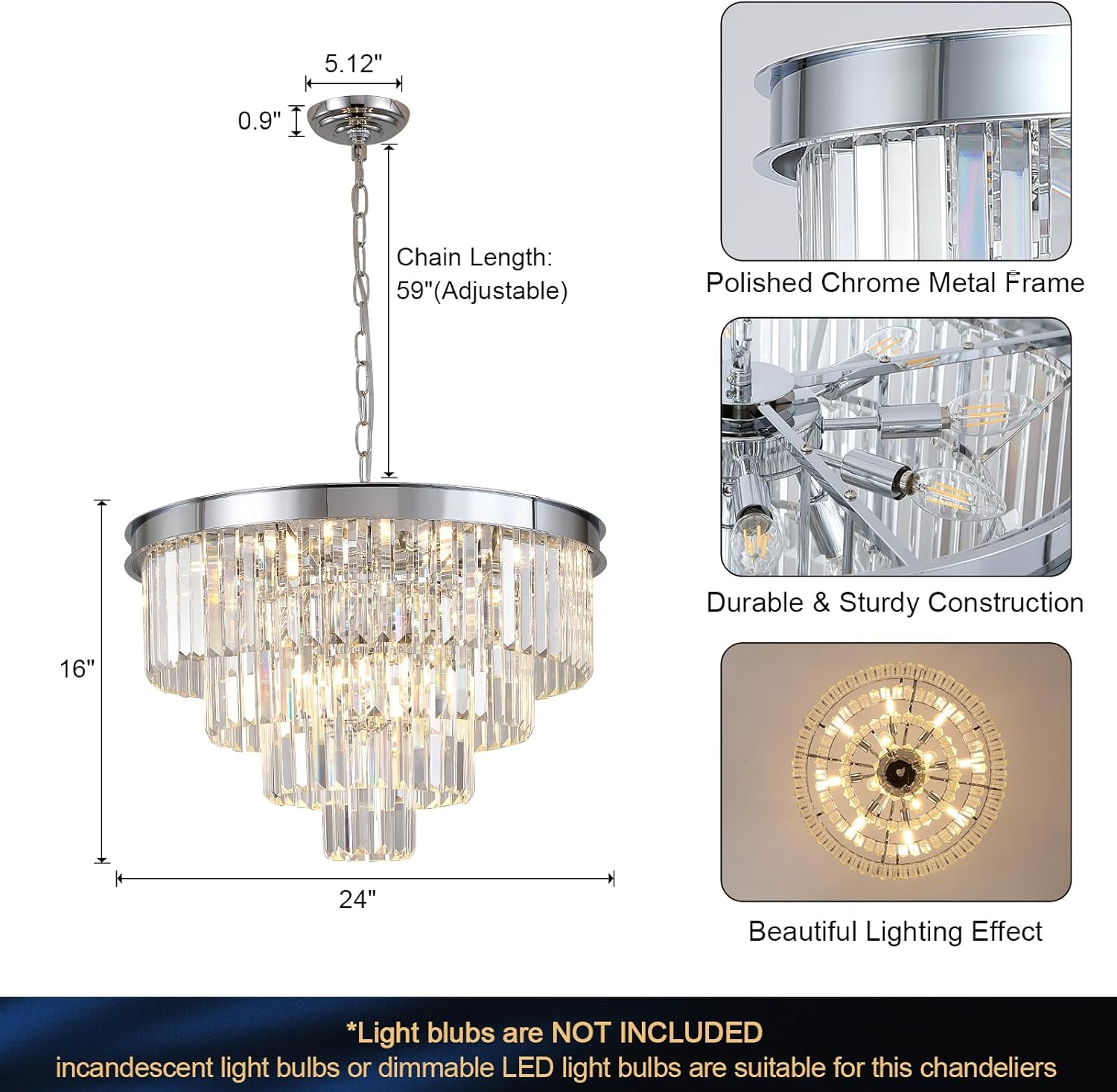 A AXILIXI Chrome Crystal Chandelier 24u201D Modern Chandelier for Dining Room Round Ceiling Pendant Light Fixture 4 Tiers 12 Lights Luxury Large Chandelier for Entryway Living Room Bedroom