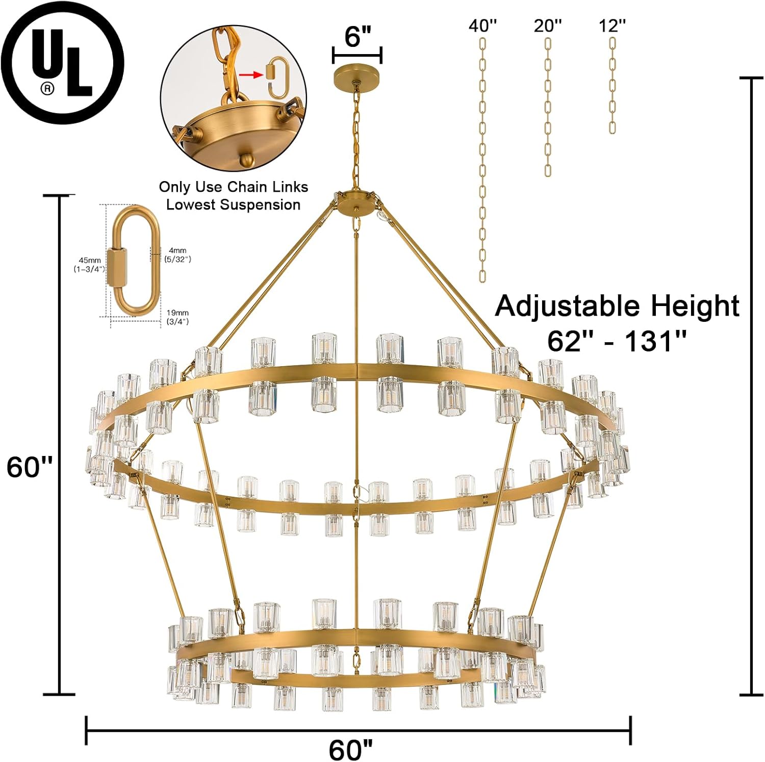 AEULYTIR 60 Inch Gold Wagon Wheel Chandelier with Crystal Shade, 2 Tier 100 Lights, Modern Farmhouse Style, Ideal for Dining Room, Kitchen, Entryways