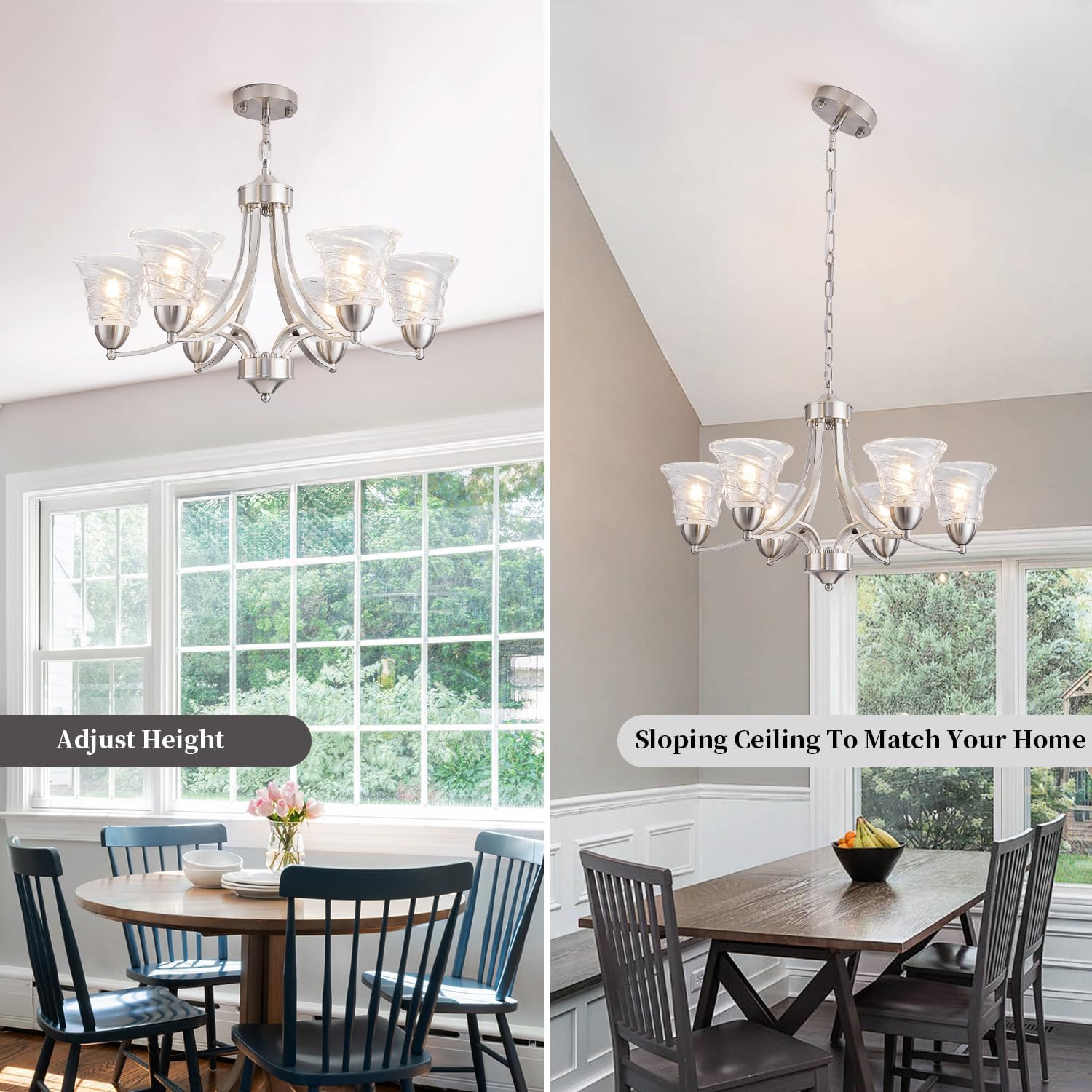 Modern Brushed Nickel Farmhouse Chandelier 6 Light Silver Chandeliers for Dining Room Adjustable Height Hanging Light Fixture with Clear Glass Shade,Pendant Light Fixture for Living Room Hallway Foyer