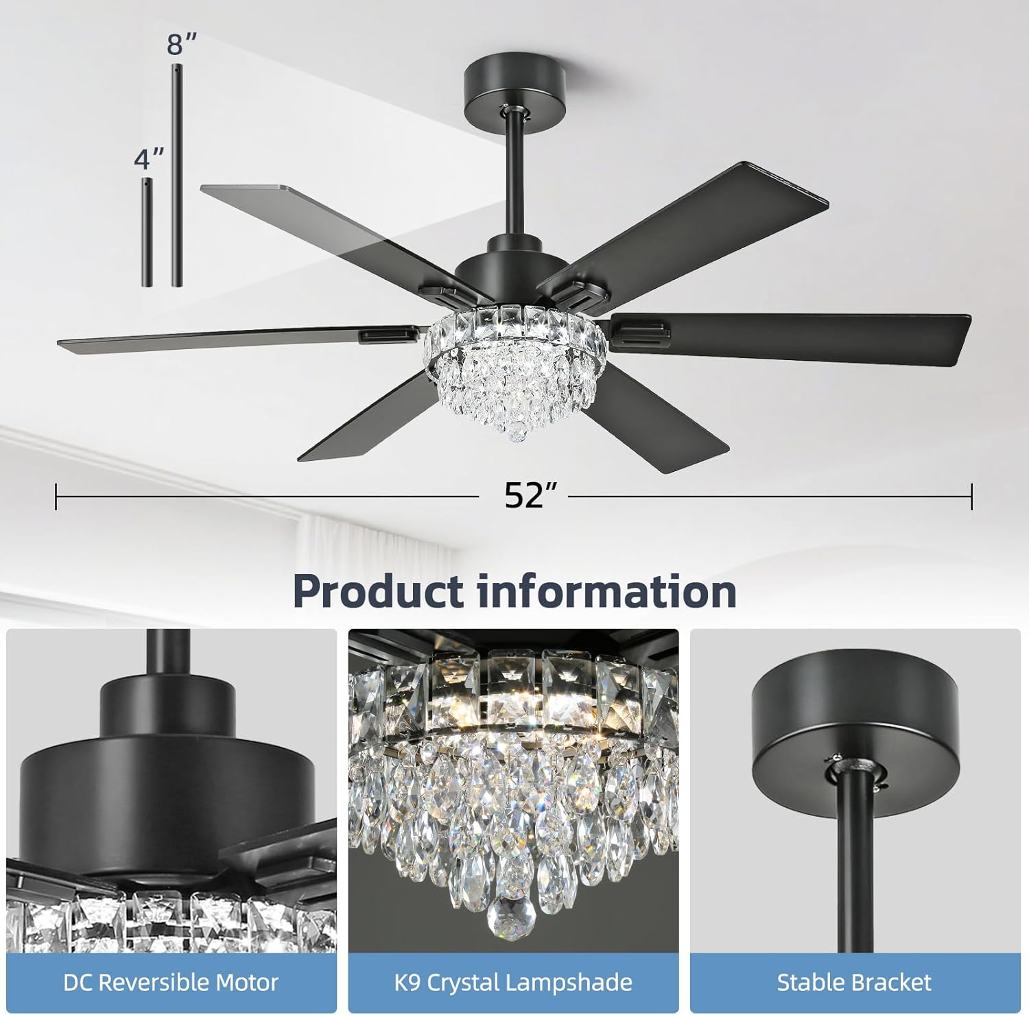 52 Inch Crystal Chandelier Ceiling Fan with Light, 6-Speed Remote Control Black Fandelier with Timer, 6 Reversible Blades Fan Chandelier for Living Room Bedroom, Dimmable LED Light, Quiet DC Motor