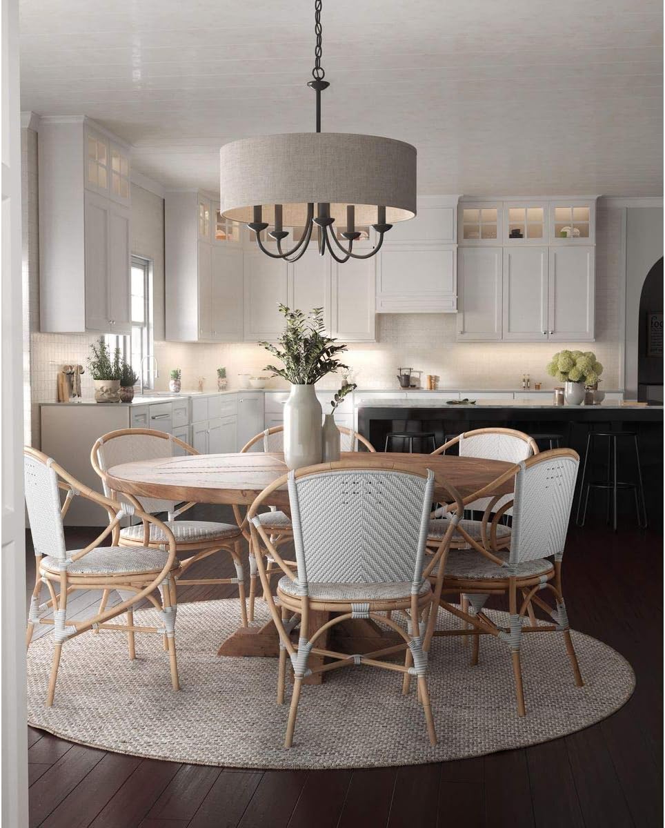 Progress Lighting Drum Shade Collection Five-Light Chandelier, Farmhouse Style Hanging Ceiling Light Fixture for Dining Rooms, Foyers, Harvest Linen Shade, Matte Black