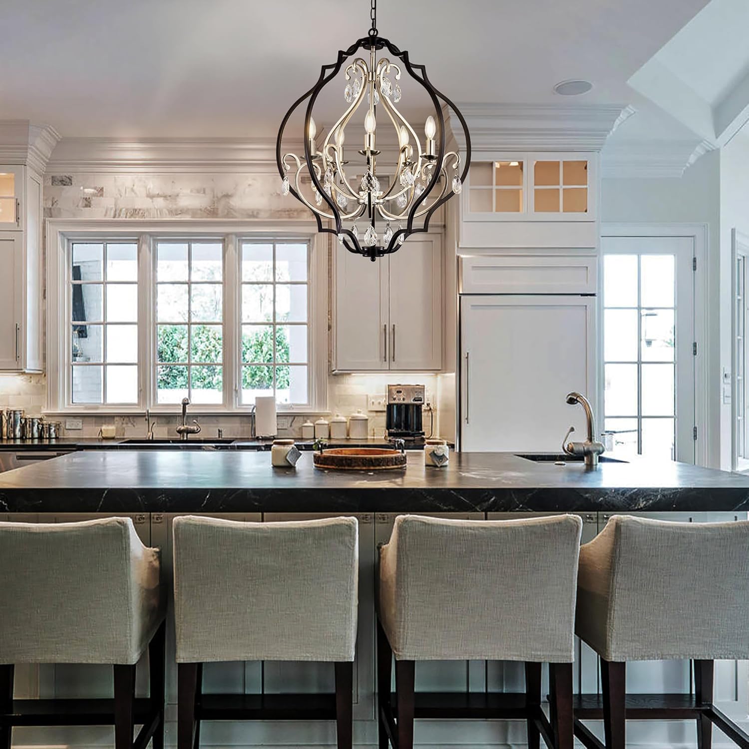 TOCHIC 5 Lights Farmhouse Chandelier, Rustic Orb Chandeliers for Dining Room, Black Crystal Chandelier Light Fixture for Living Room, Bedreoom, Hallway, Nickel, D 27"