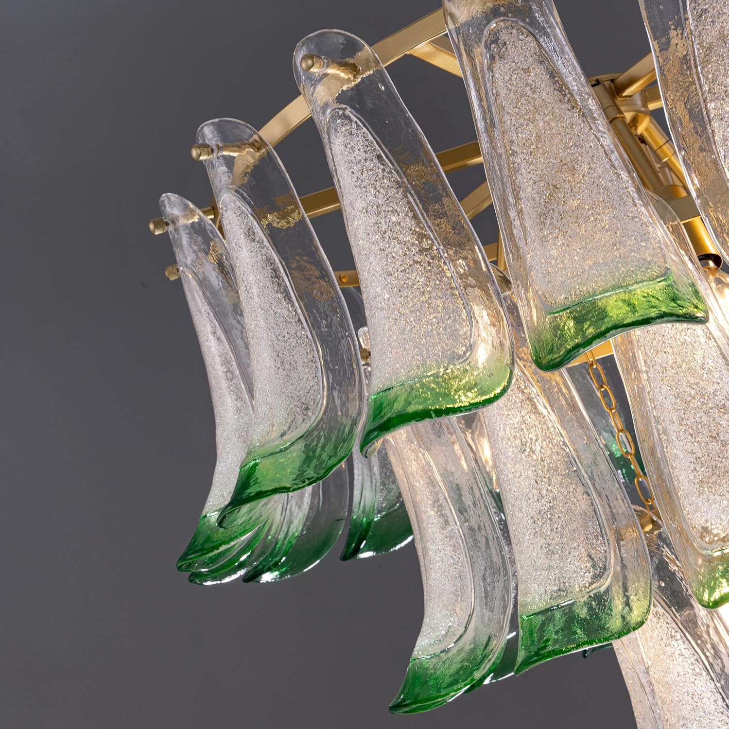 TOCHIC Mid Century Modern Chandelier Light Fixture, Gold Tiered Green Glass Chandelier for High Ceiling, Large Floral Pendant Ceiling Lighting for Living Room, Hall, Foyer, 30in W