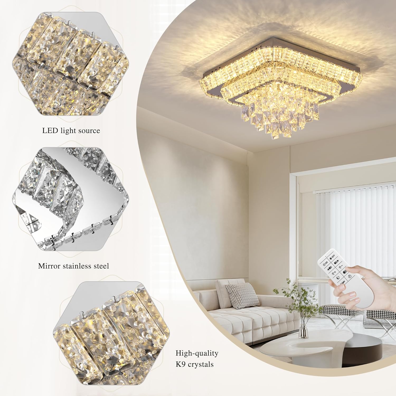 COCOSTAR Crystal Chandeliers, Modern Led Luxury Chandelier, 25" Suqare Flush Mount Chandelier Ceiling Light, Chandeliers for Dining Room, Living Room, Bedroom