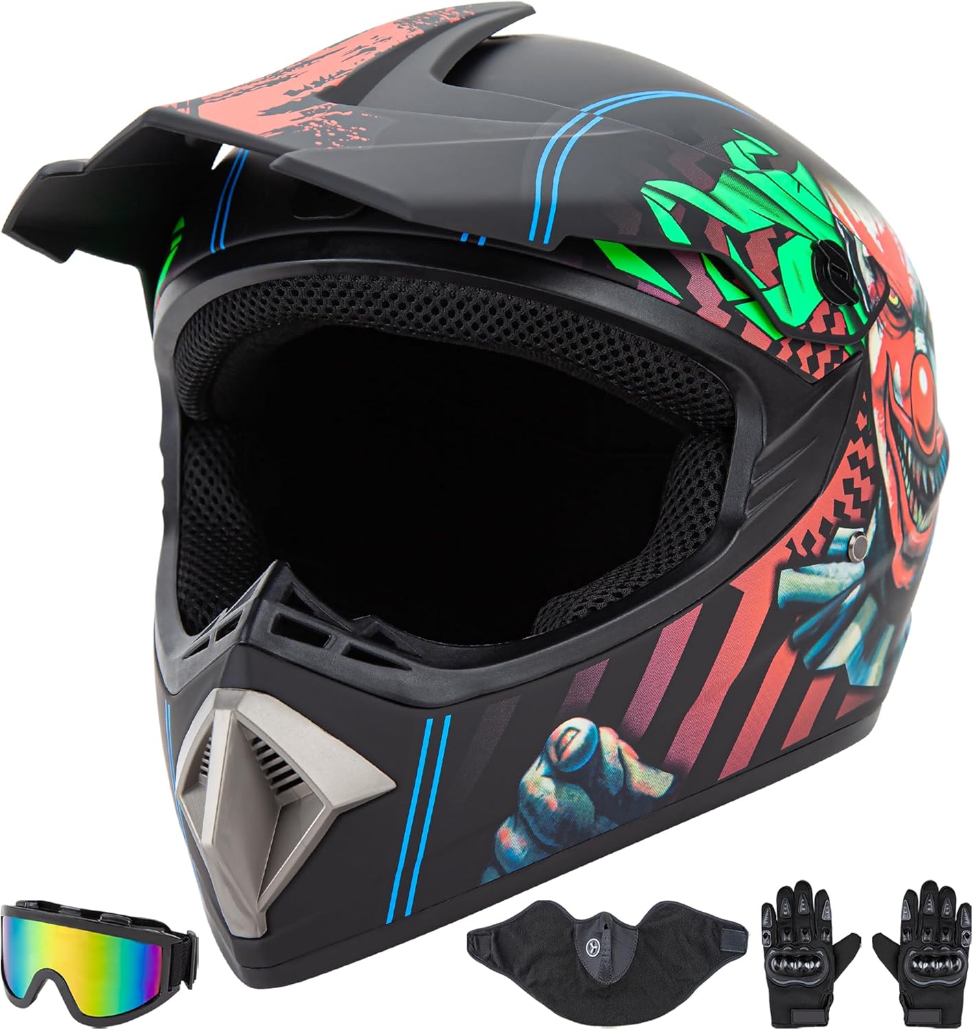 CARTMAN Adult Dirt Bike Helmets Motocross ATV Dirtbike Offroad Full Face Motorcycle Helmet, DOT Approved Matte Black with Joker Design