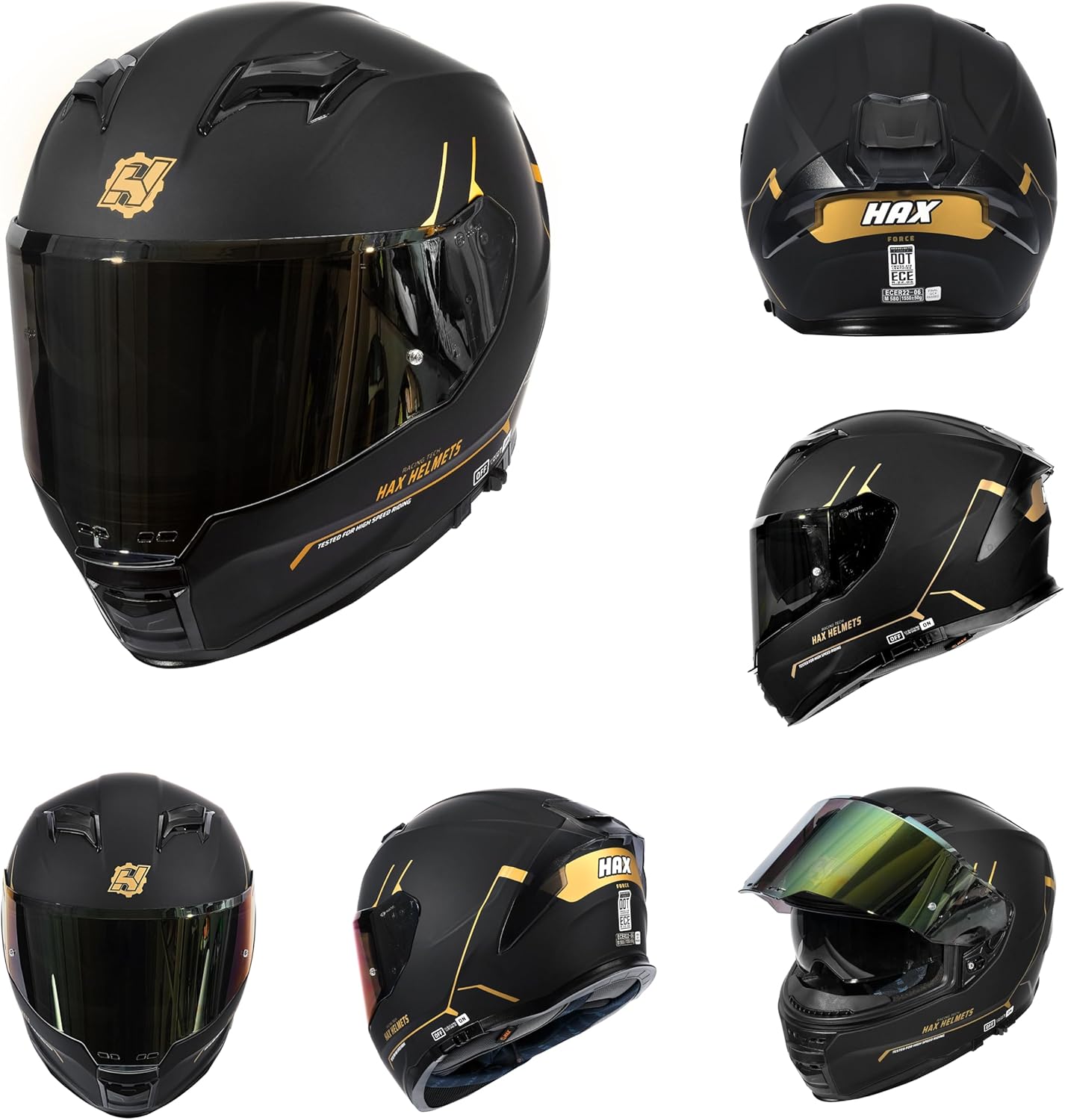Alternative view of HAX Force Aerodynamic Full Face Helmet for Street & E-Bikes DOT & ECE Certified - Enhanced Dual Visor, Adult Size, Pinlock Ready Matte Black Gold S