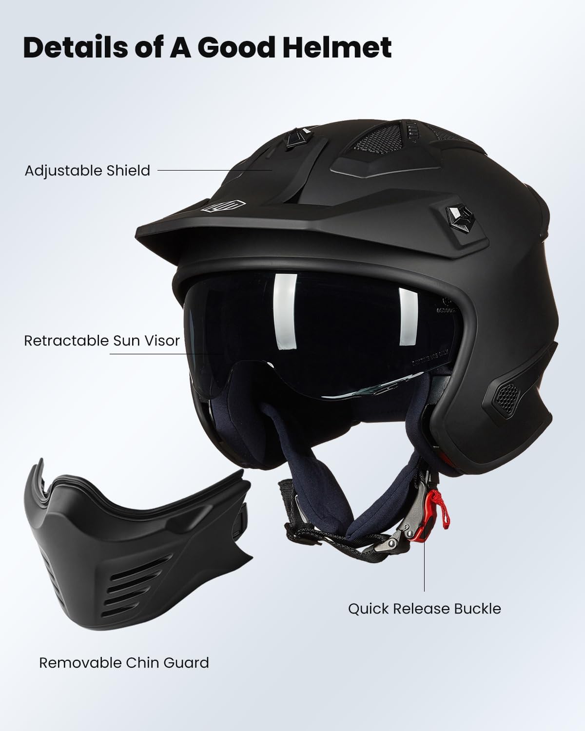 Alternative view of ILM Open Face Motorcycle 3/4 Half Helmet for Dirt Bike Moped ATV UTV Motocross Electric Cruiser Scooter DOT Model 726X(Matte Black,L)
